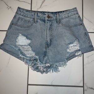 forever 21 light blue denim frayed shorts